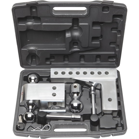 Aluma-Tow Adjustable Aluminum Ball Mount Hitch - 2.5in Receiver, 12k lbs GTWR, 8in Drop/Rise, 3 Balls & Locking Pins/Storage Case