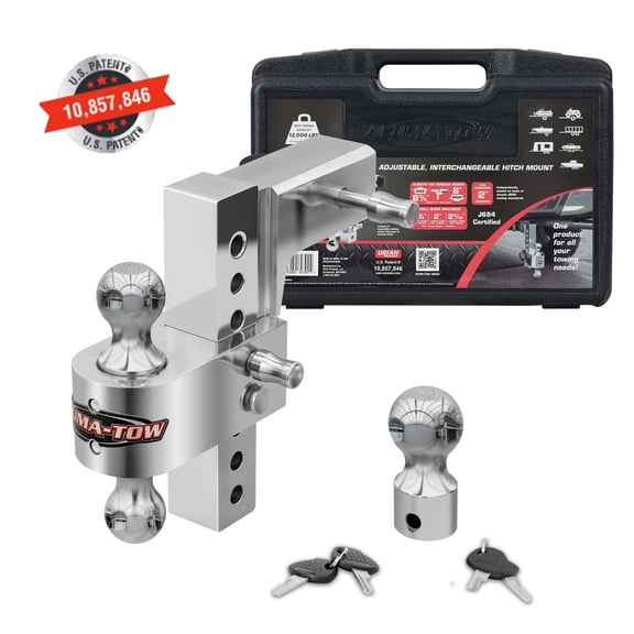 Aluma-Tow Adjustable Ball Mount Hitch - 2” Receiver, 8” Drop/Rise, 12000 lbs, 3 Interchangeable Balls & Locking Pins for Trailers/Boats/RVs