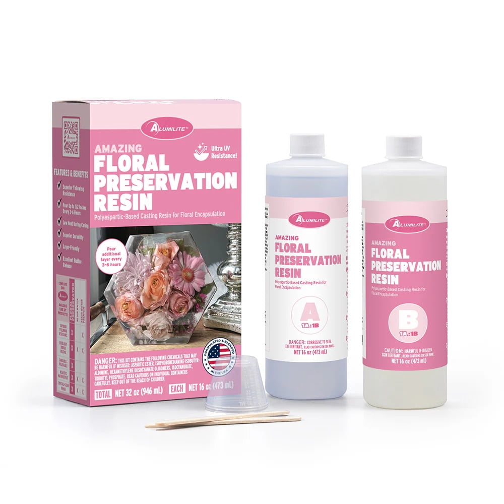 Alumilite Amazing Floral Preservation Resin 32 oz, 1:1 Polyaspartic Casting Resin for Dried Flowers, Wedding Bouquet & Memorial Keepsakes, UV Resistant, No Heat Required, Crystal Clear Finish
