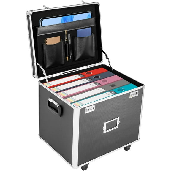 Aluminium Alloy File Organizer Box, Portable Hand Pull File Locking Box, Large Capacity Removable Storage Trolley Case with Digital Combination Lock, Suitable for Home Office Hotel School (Black)