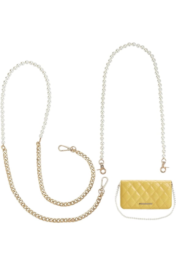 Aluminium Bag Strap with ABS Plastic Imitation Pearl Bag Strap Chains Alloy Split Key Rings Golden 1550mm 1pc