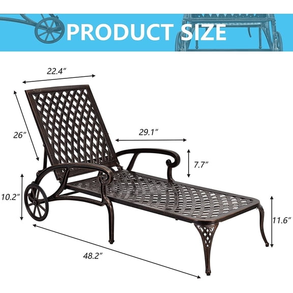 Aluminium Cast Chaise Lounge Chair White Adjustable Reclining Poolside Patio Seating with Wheels for Outdoor Garden Yard