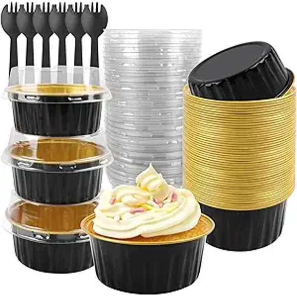 Aluminium Foil Cake Cups with Lids Muffin Tins, 60 Pack of 5 oz Mini Cake Pans, Mini Bread Moulds with Lids, Disposable Baking Cups with Lids Aluminium Foil Cake Baking Cups