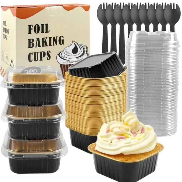 Aluminium Foil Cake Cups with Lids Muffin Tins, 60 Pack of 5 oz Mini Cake Pans, Mini Bread Moulds with Lids, Disposable Baking Cups with Lids Aluminium Foil Cake Baking Cups