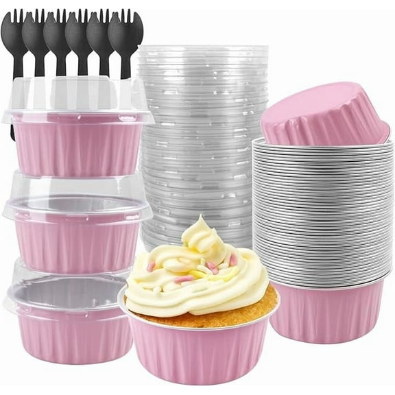 Aluminium Foil Cake Cups with Lids Muffin Tins, 60 Pack of 5 oz Mini Cake Pans, Mini Bread Moulds with Lids, Disposable Baking Cups with Lids Aluminium Foil Cake Baking Cups