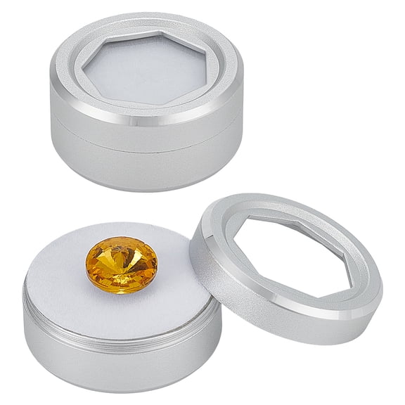 Aluminium Loose Diamond Storage Boxes with Hexagonal Glass Visible Lid with Sponge Inside Column Silver 3.95x1.9cm