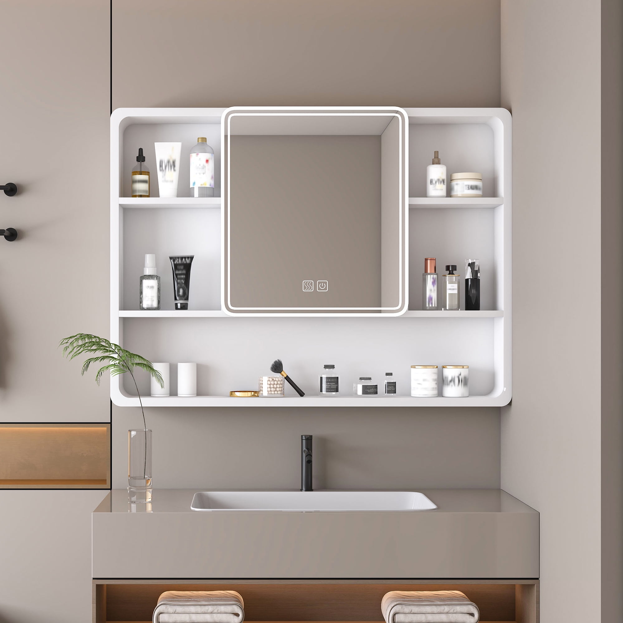 66 Inch Smart Bathroom Cabinet With Round Mirror - Motion Sensor Light, Defogger, & Storage Shelf
