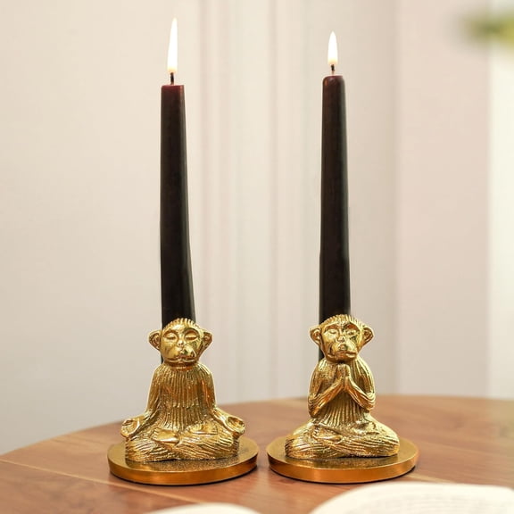 Aluminium Pair Of Yoga Monkey Candle Holder For Home Decoration, Gold Color | Decorative Stag Candle Stand For Living Room, Dining Table & Festive Decoration | Gift For Diwali - 2 Pcs