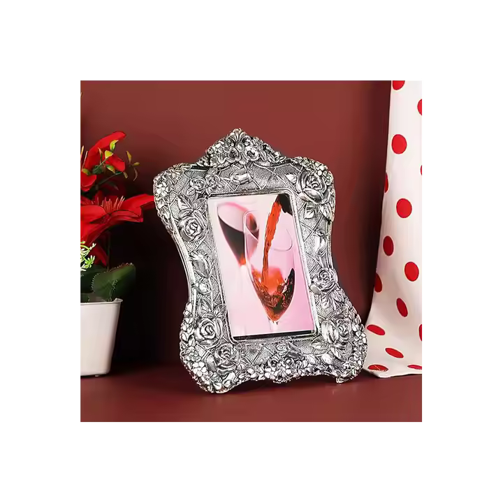 Aluminium Rose Flower Photo table top photo frame mirr glass sliver plated best for office desk,bedroom,living room,home decor and gifting