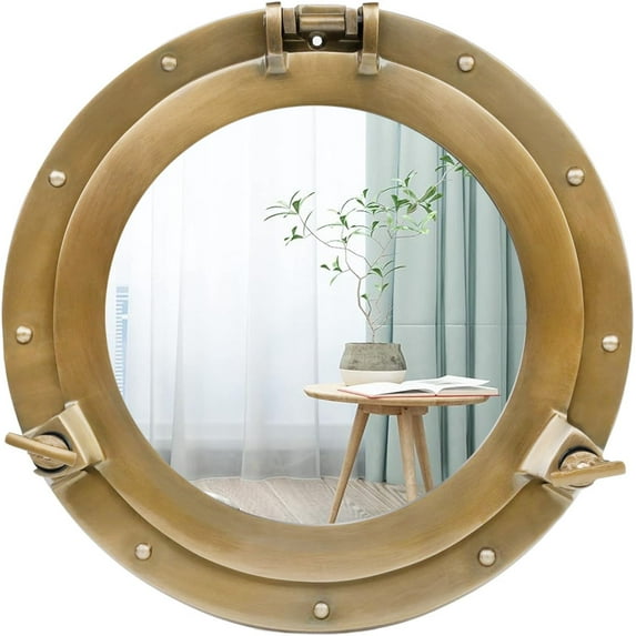 Aluminium Ships Porthole Mirror and Window – Nautical Round Wall Mirror with Durable Frame for Bathroom, Living Room, & Outdoor Use – Stylish Marine Décor (Golden, Mirror, 24 inch)
