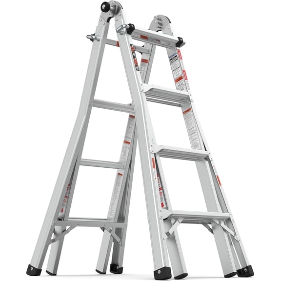 Aluminium Telescoping A Frame 4 Step Ladder, 17 FT Multi Position Folding Extension Ladders with Non-Slip Foot Pads and Push Knob Locking Hinge for Home Outdoor Work, 250 Lbs Security Load