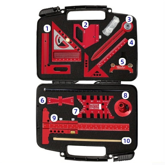 Aluminium Woodwork Measuring and Scribing Tool Set - 9 Piece Precision Kit for Carpentry and DIY Projects with Storage Box