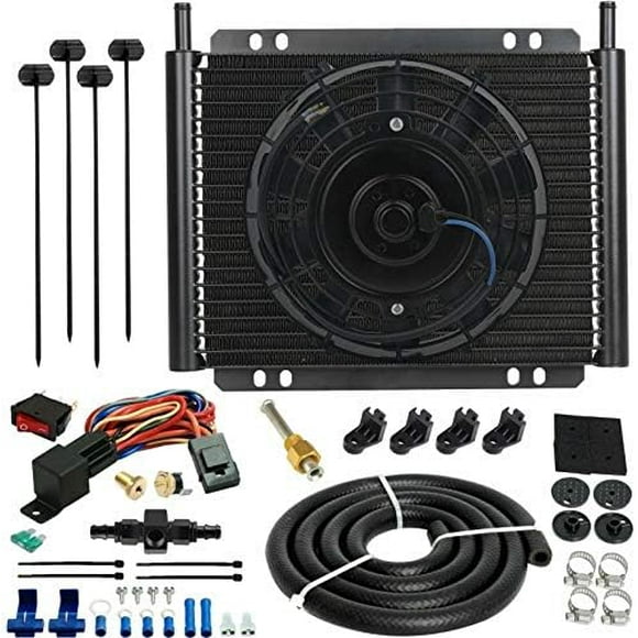 Aluminum 23 Row Automotive Engine Transmission Oil Cooler 12 Volt Electric Fan 6AN In-Line 180F Turn-On Hose Thermostat Temperature Switch Sensor Wire Kit Light Duty Truck Trailer Towing