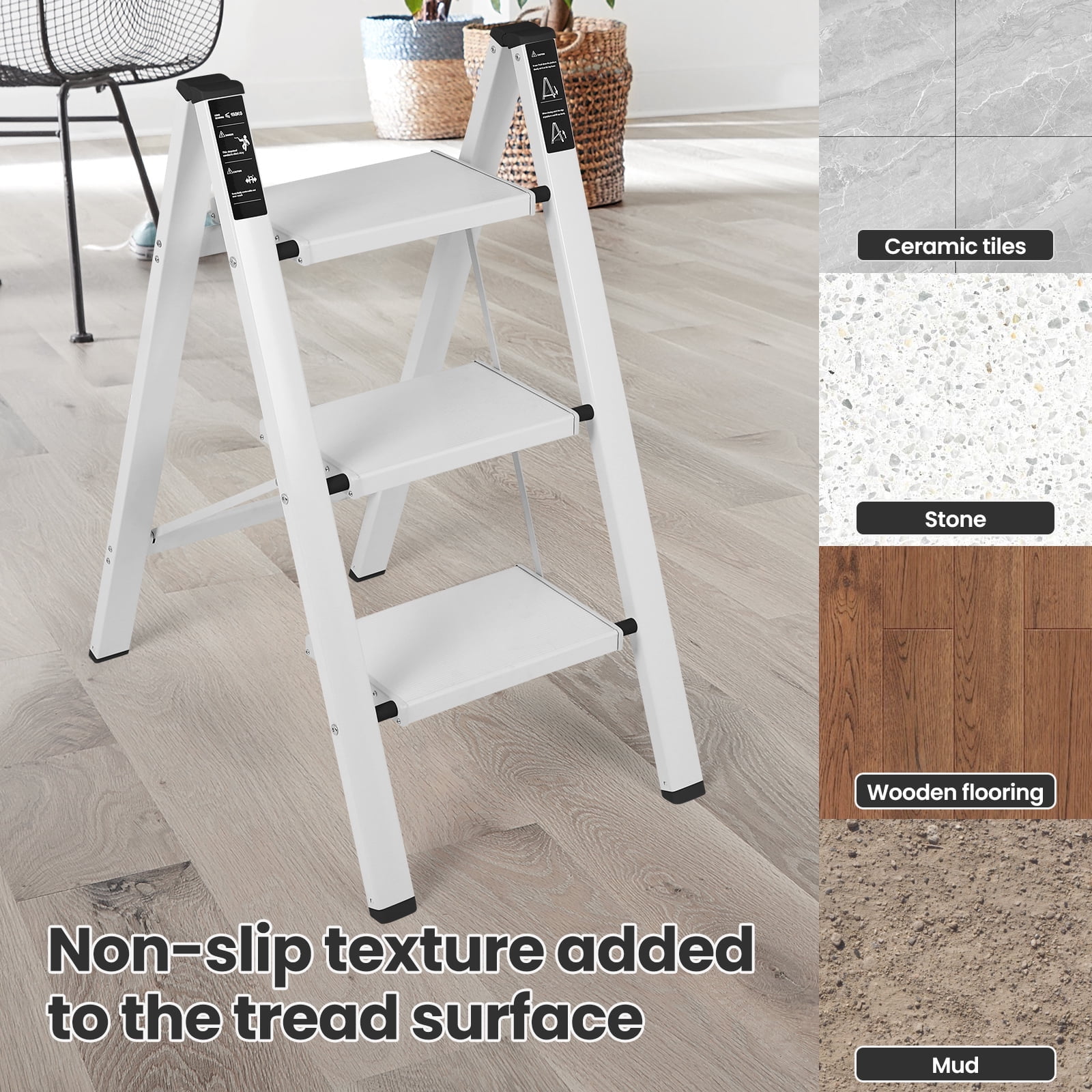 Aluminum 3 Step Ladder, Folding Step Stool with Non-Slip, Aluminum 3 ...