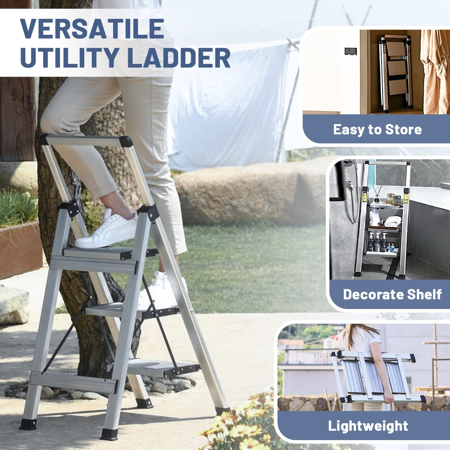 Aluminum 3 Step Ladder - Retractable Handgrip Folding Step Stool, 330 lbs Capacity, Wide Anti-Slip Pedals, Safety Household Ladder for Home, Kitchen, Closet