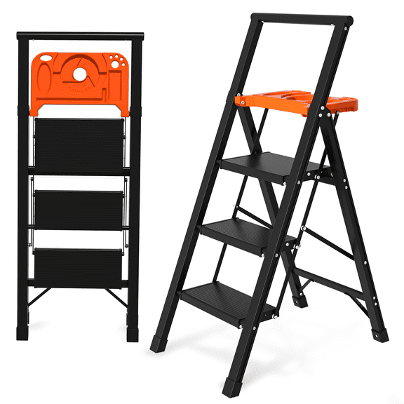 Aluminum 3 Step Ladder with Tool Tray - 600lbs Heavy Duty Lightweight Step Stool with Extended Handrails, Work Platform for Home Maintenance & DIY Projects (Black&Orange)
