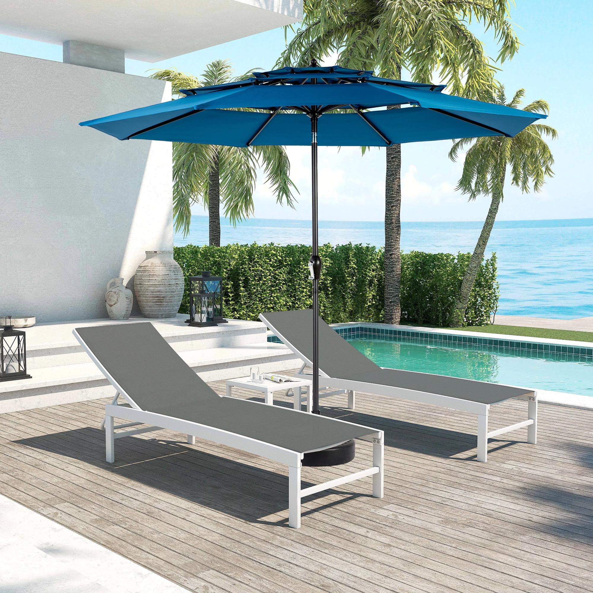 Aluminum 3-Tier Auto-Tilt Outdoor Patio Umbrella 10-Foot, Market Cantilever Umbrella for Pool and Deck with Crank, Dark Blue