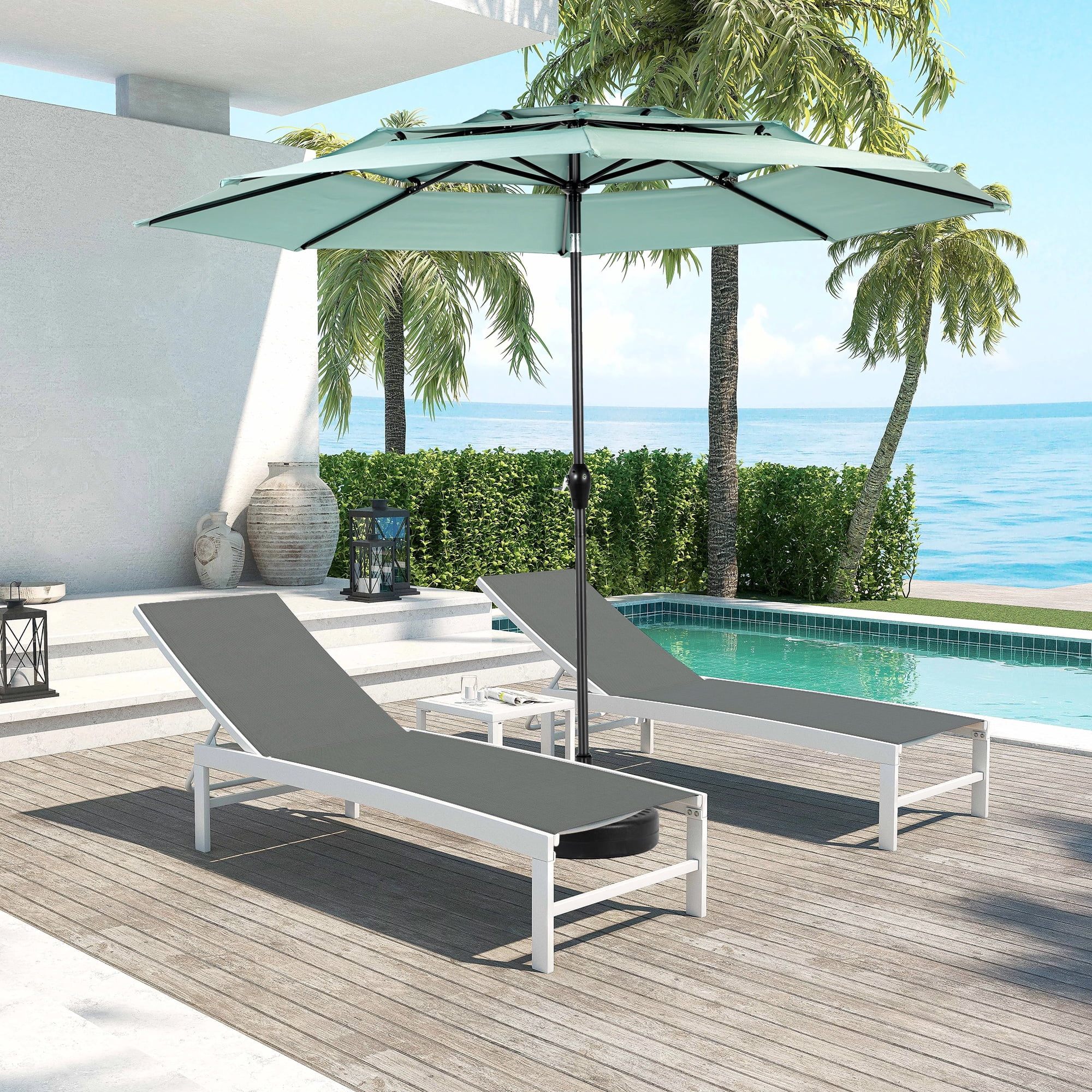 Aluminum 3-Tier Auto-Tilt Outdoor Patio Umbrella 10-Foot, Market Cantilever Umbrella for Pool and Deck with Crank, Light Green