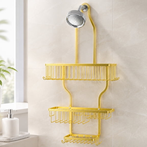 Aluminum 3-Tier Shower Caddy Hanging Over Shower Head with Hooks and Soap Holder, Rust-Resistant Shower Organizer Rack, Gold