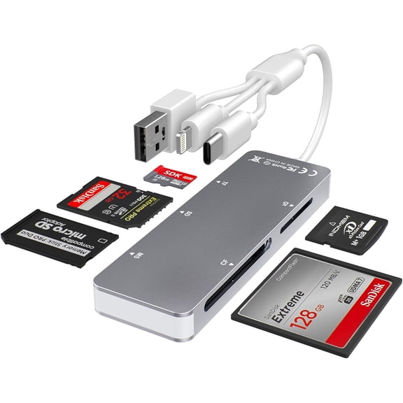 Aluminum 5-in-1 Memory Stick Pro Duo Adapter for iPhone/PC/Android, Lightning USB C USB A Multi Card Reader for SD/TF/CF/MS/XD Cards, High-Speed Data Transfer for Camera/GoPro/Drone