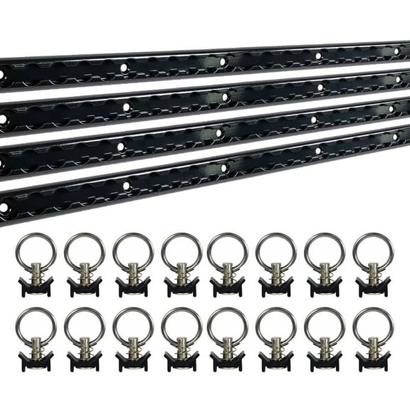 Aluminum 8 Feet L-Track Black Powder Coated (4) and Stud with Black Powder coated Ring (16) Tie Down System for Enclosed Trailers and Cargo Vans