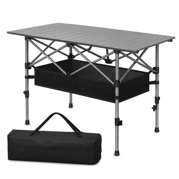 YESGAIN Aluminum Adjustable Height Folding Camping Table with Storage Basket - Portable Picnic Table, 150lbs Capacity for Outdoor Use