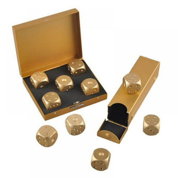 Aluminum Alloy Dice 5 Pieces 16mm Portable Metal Dices with Case 6 Sided Dice for Drinking Party Game (Gold,Rectangle Box)