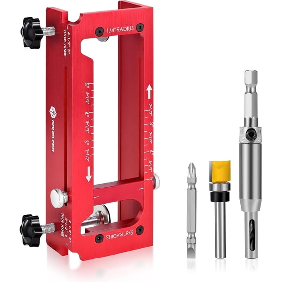 Aluminum Door Hinge Jig Kit with Router Bit, Adjustable 2.5"-5" Template for Square & Radius Corners (Fits 1-3/4" Doors)
