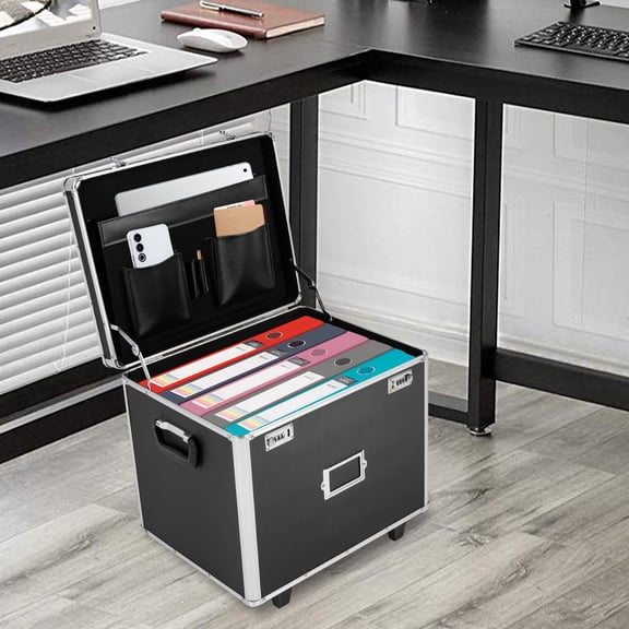 Aluminum Alloy File Organizer Box with Combination Lock, Telescoping Handle, and Wheels Large Capacity, Secure Storage for Office or Home Use