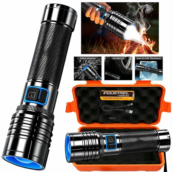 Aluminum Alloy Flashlight Fire-Starting Flashlight Kit High Power LED EDC Tactical Flashlight USB-C Rechargeable Super Bright Torch Fresnel Lens Principle, Camping Gear Emergency Survival Kit