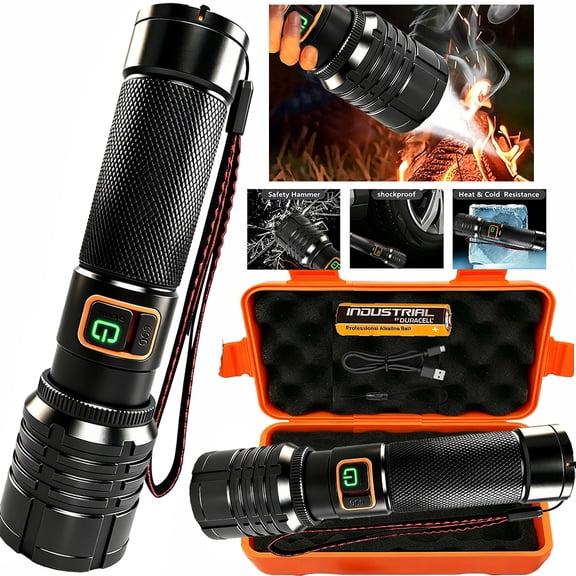 An Aluminum Alloy Flashlight Super Bright Flashlight With Storage Box High Power LED EDC Tactical Flashlight USB-C Rechargeable High Lumen Fire Starting Flashlight Torch Tactical Adjustable Beam Camp