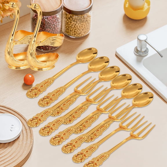 Aluminum Alloy Fruit Fork and Spoon Set | Elegant Metal Cutlery with Lifelike Textured Base | Rust Resistant | Silver Finish | 6-Piece Set | Decorative Dining Gift