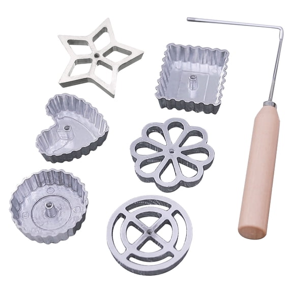 Aluminum Alloy Frying Tools Set 7pcs | Rosette Cookie Maker, Shrimp Cake, Shredded Radish Fryer | Detachable Wooden Handle, 4.7" Diameter | Multipurpose Kitchen Baking Gadgets