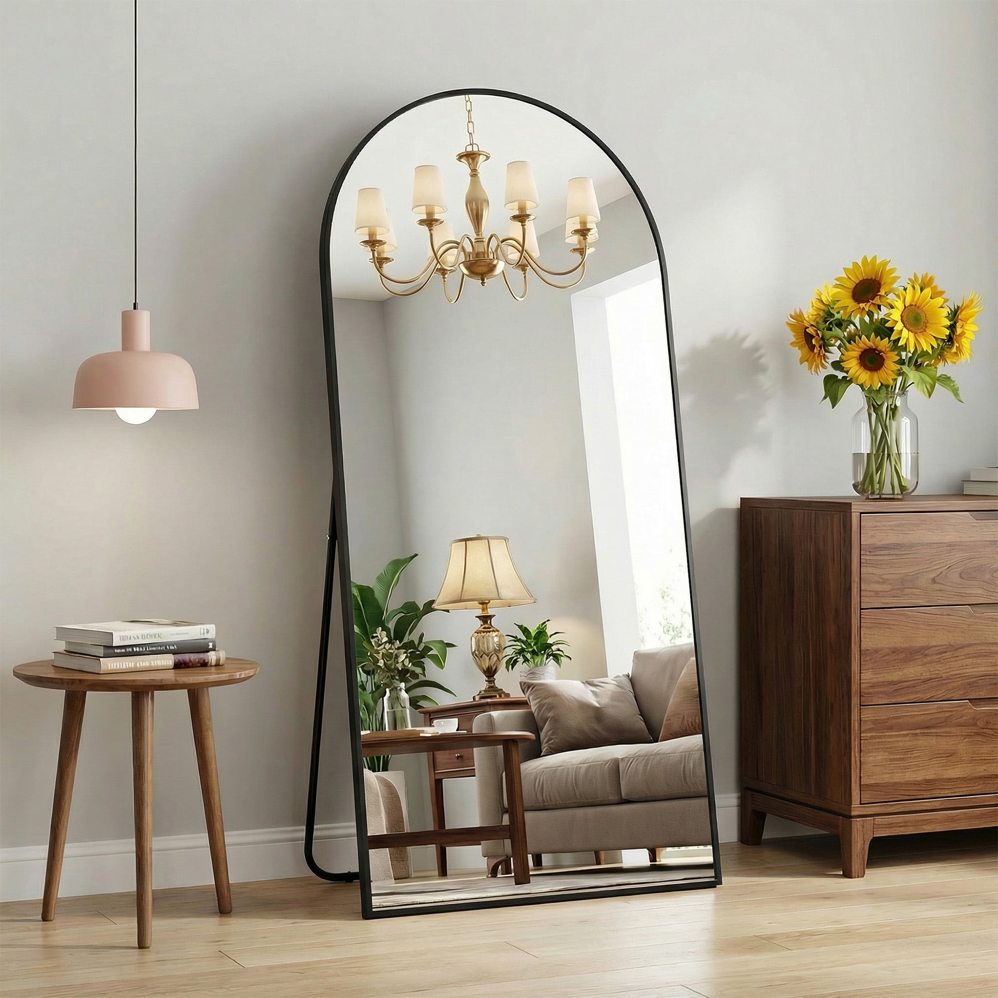 MAYEERTY 71x32in Oversized Full Length Mirror, Arched Decorative Dressing Floor Mirror with Bracket, Black