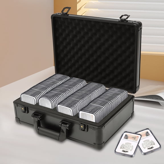 Aluminum Alloy Graded Coin Slab Case for 4 PCGS NGC Holders, Lockable Waterproof Coin Storage Box with EVA Padding, Shockproof Carrying Case with Foldable Handle for Collectors Travel Display