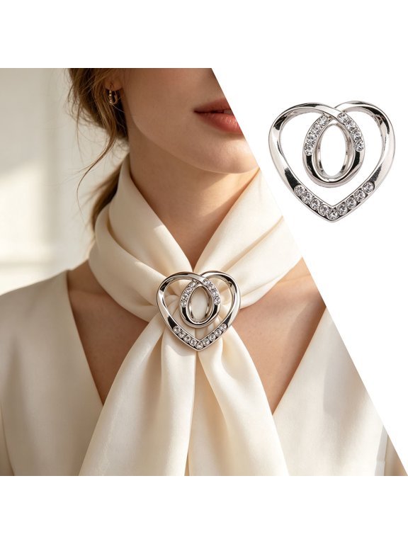 Aluminum Alloy Heart‑Shaped Scarf Ring Clip, Inlaid Interlocking Heart Shawl Buckle for Scarves Shawls Sweater Dresses, Elegant Clothing Fastener for Women Outfit, Party Banquet Costume Decor