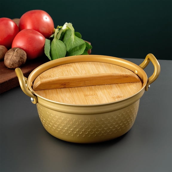 Aluminum Alloy Korean Ramen Noodles Pot Double Handle with Bamboo Lid Ramen Cooking Pot for Kitchen Cookware Hiking Cam Picnic