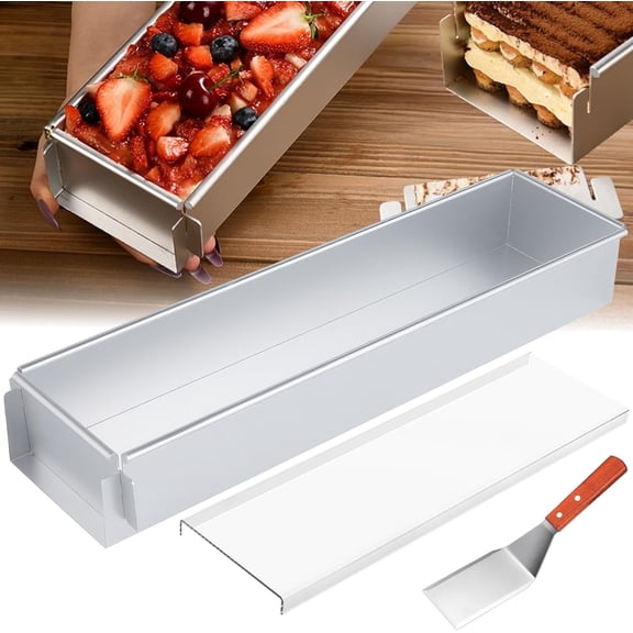 Aluminum Alloy Long Rectangle Tiramisu Cake Pan, Nonstick Baking Mold with Removable Frame for Cheesecake, Mousse, Brownies, Includes Acrylic lid (40cm)