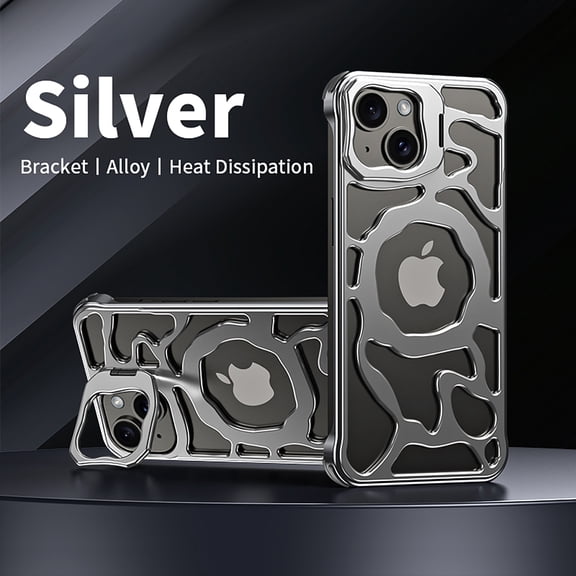 Aluminum Alloy Metal Case for iPhone 13, Frameless Hollow Heat Dissipation Design Slim Lightweight Magnetic Wireless Charging Case with Invisible Camera Stand for iPhone 13, Silver