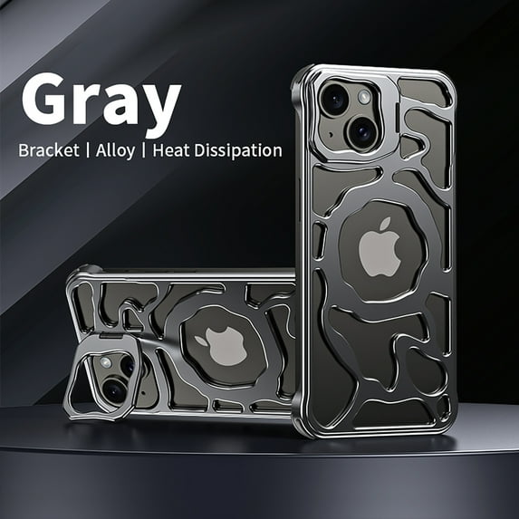 Aluminum Alloy Metal Case for iPhone 14, Frameless Hollow Heat Dissipation Design Slim Lightweight Magnetic Wireless Charging Case with Invisible Camera Stand for iPhone 14, Gray