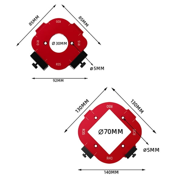Aluminum Alloy Radius Jig Router Templates Set with 8 Corner Sizes R10-R50 for Woodworking Chamfer and Cutting, Outer and Inner Fillet Trimming Guides, 2 PCS Red