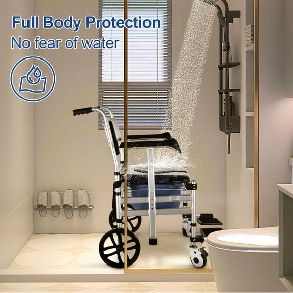 Aluminum Alloy Rolling Shower Chair, Foldable Commode with Soft Backrest, Adjustable Height for Senior Care Facilities and Home Bathrooms