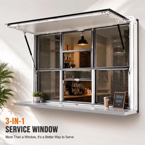 Aluminum Alloy Service Windows 60 x 36 Inch, Tempered Glass and Stainless Steel Mesh Concession Window, 3-in-1 Serving Window with Dual Hydraulic Rods for Food Truck Trailer