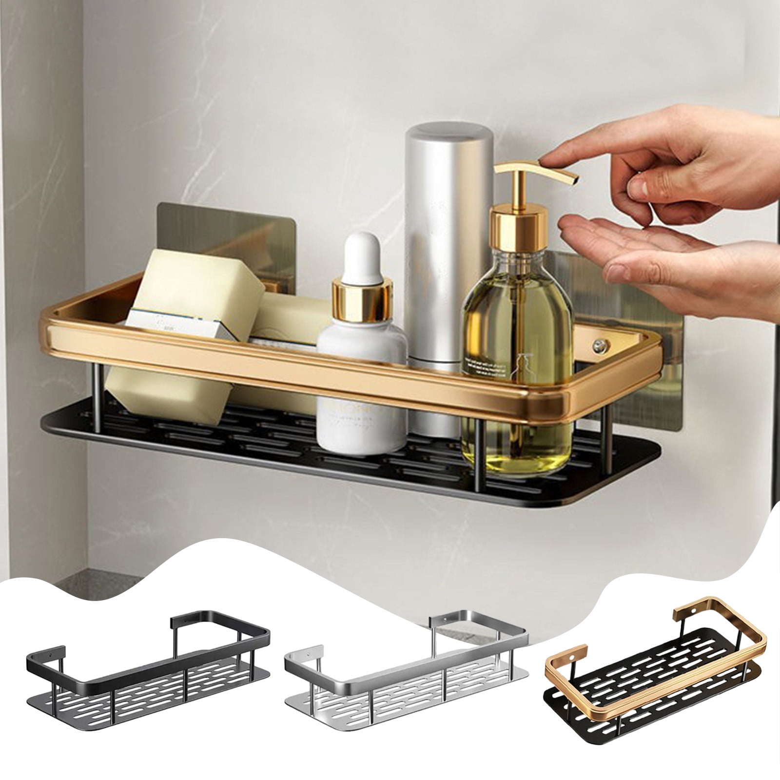 Aluminum Alloy Shower Caddy Rack | Self Adhesive Bathroom Wall Shelf ...