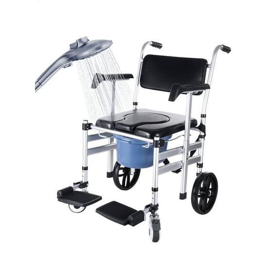 Aluminum Alloy Shower Commode Wheelchair, Rolling Foldable Commode Chair, Portable Transfer Chair with Brakes for Disabled