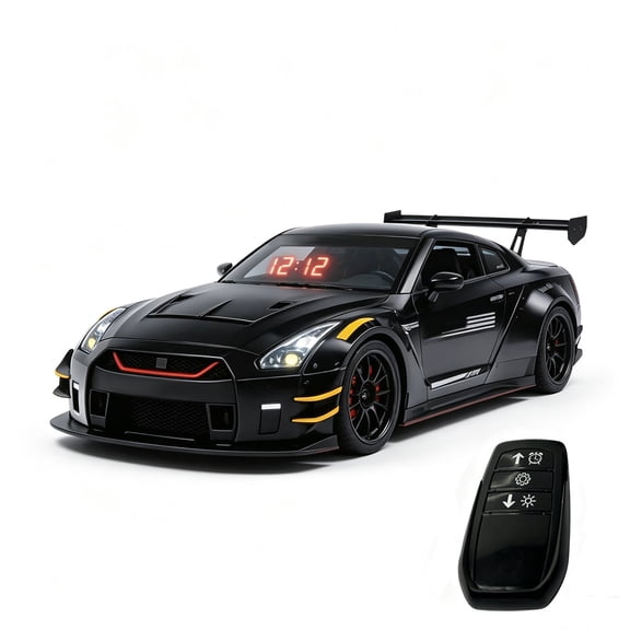 Aluminum Alloy Sports Car Alarm Clock with Engine Sound, LED Digital Display, Remote Control, Spray Lighting Effects, Opening Doors Hood Trunk, Adjustable Volume, Desk Decor