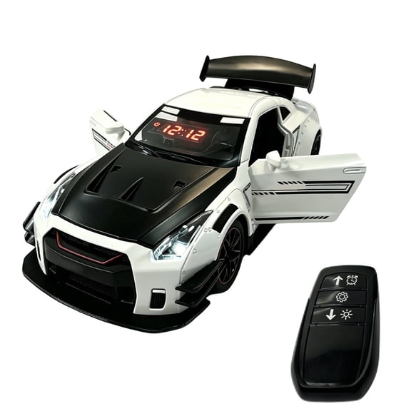Aluminum Alloy Sports Car Alarm Clock With LED Digital Display Engine Sound Effects Remote Control Vehicle Opening Doors Lighting Effects For Desk Office And Home Decor( White )