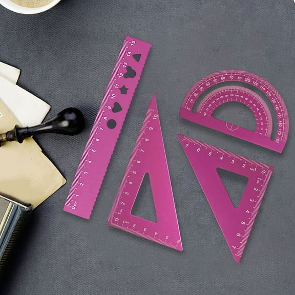 Aluminum Alloy Student Geometry Ruler Set, 4-Piece Multifunctional Drawing Tools - Straight Ruler, Triangular Rulers, Protractor, Hollow Stencil Shapes, Boxed, Blue/Khaki/Pink/Purple