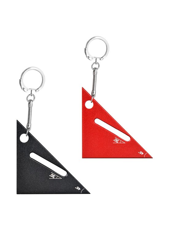 Aluminum Alloy Triangle Ruler 45/90 Degree Square Angle Tool for Woodworking Measurement, Compact Portable Keychain Design, 2-Pack Black Red