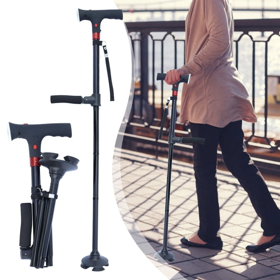 Aluminum Alloy Walking Cane with & LED Light | Foldable Retractable Elderly Mobility Aid | Four-Legged Self-Standing Cane | Adjustable Height Ergonomic Handle | Easy Travel | 1 Pack